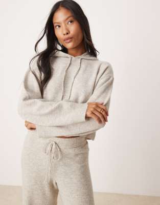 JDY Petite JDY Petite slouchy knitted hoodie co-ord in cream-White