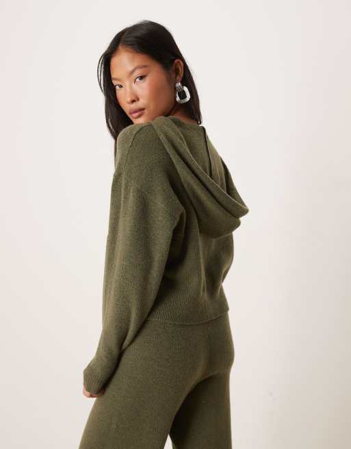 JDY Petite slouchy knitted hoodie co-ord in khaki, 2 of 4