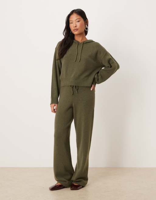 JDY Petite slouchy knitted hoodie co-ord in khaki, 3 of 4