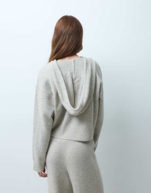 JDY Petite slouchy knitted hoodie co-ord in stone, 3 of 4