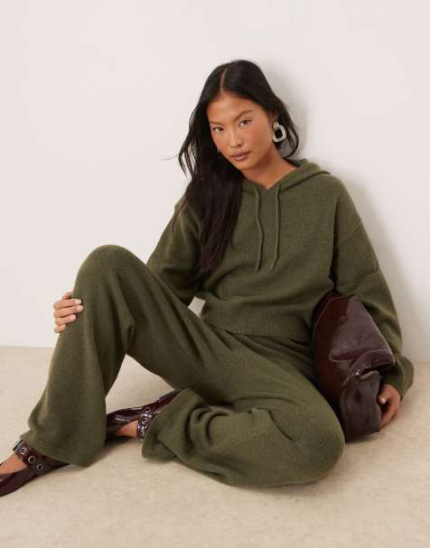 JDY Petite slouchy knitted hoodie in khaki (part of a set) - view 1