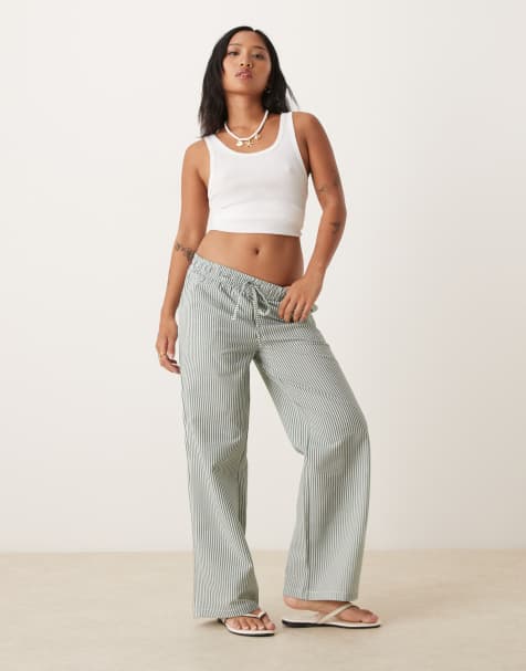 JDY Petite seersucker trousers in green stripes