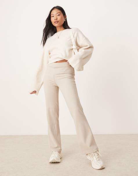 JDY Petite high waisted flare trousers in off white