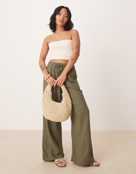 JDY Petite wide leg linen trouser in khaki