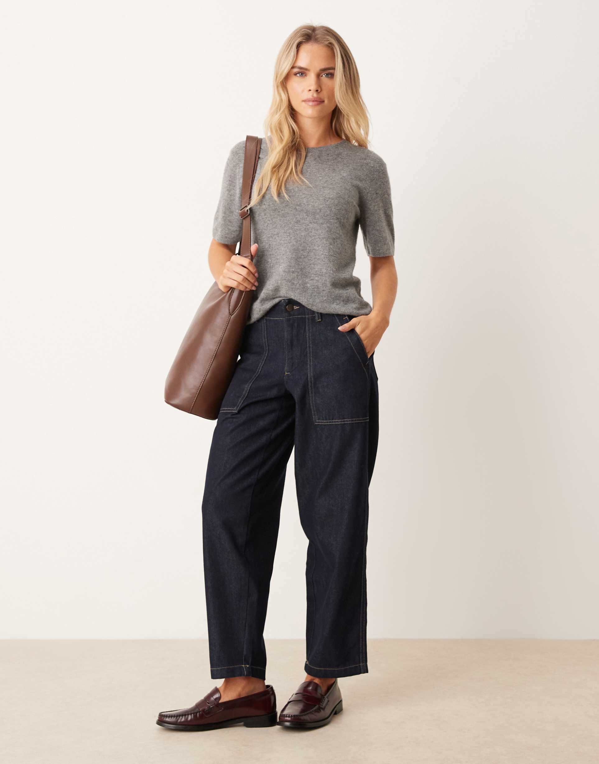 jdy petite stitch detail high waist barrel jeans in dark blue