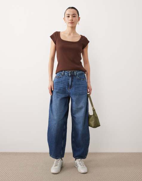 JDY Petite Susie mid waist barrel leg jeans in mid blue - view 1