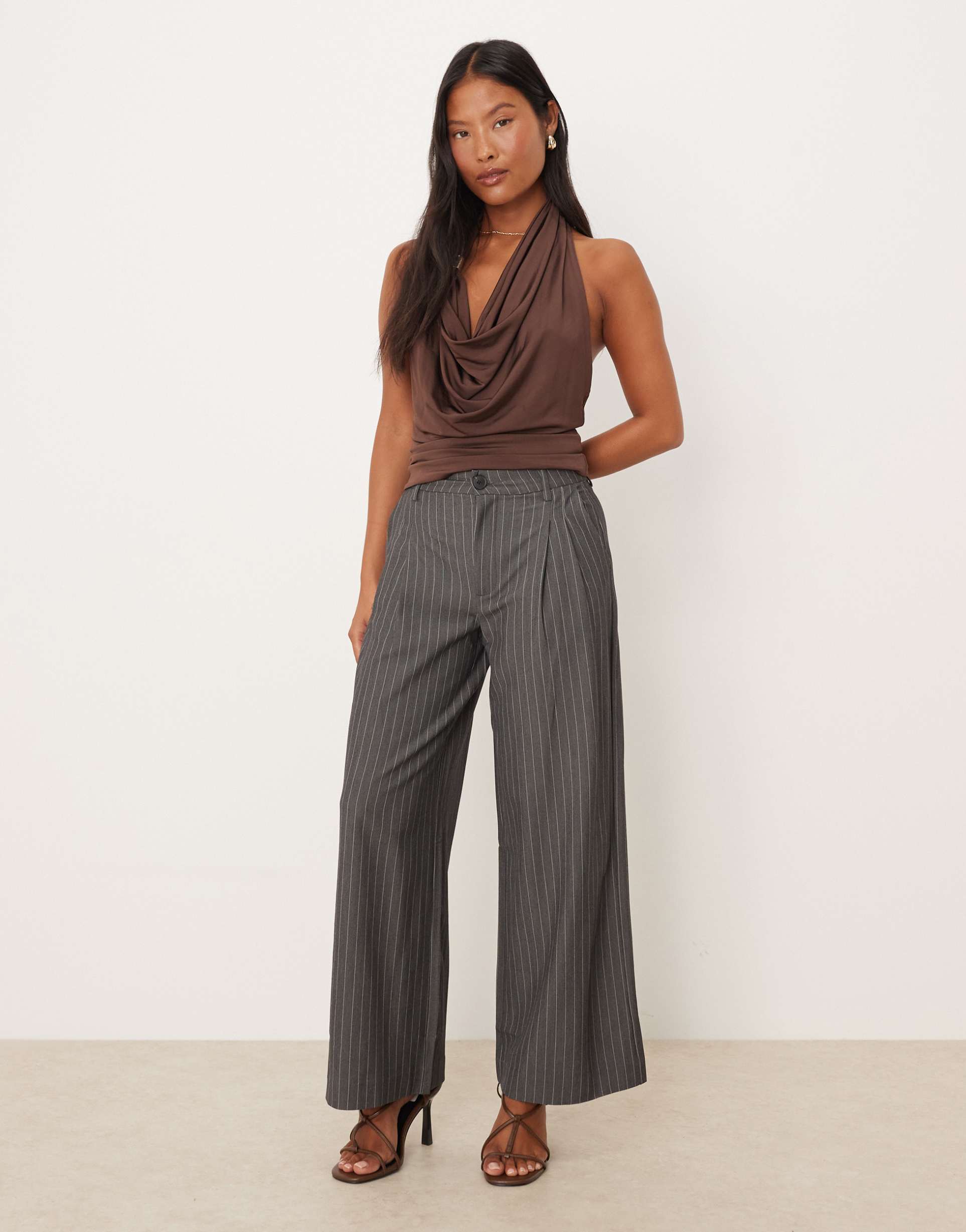 jdy petite tailored wide leg pants in gray pinstripes