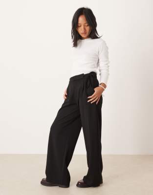 JDY Petite tailored wide leg pants with tie detail in black