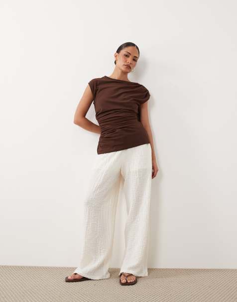 JDY Petite textured semi-sheer pants in white - view 1