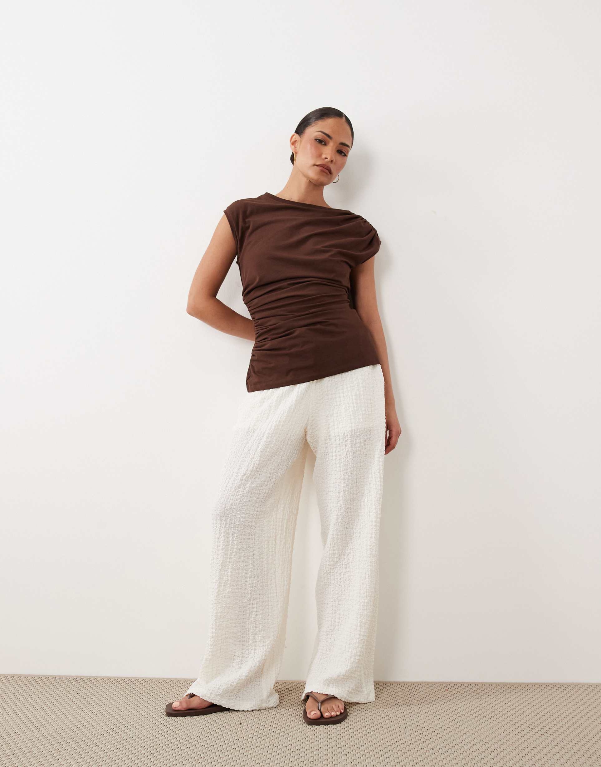 jdy petite textured semi-sheer pants in white
