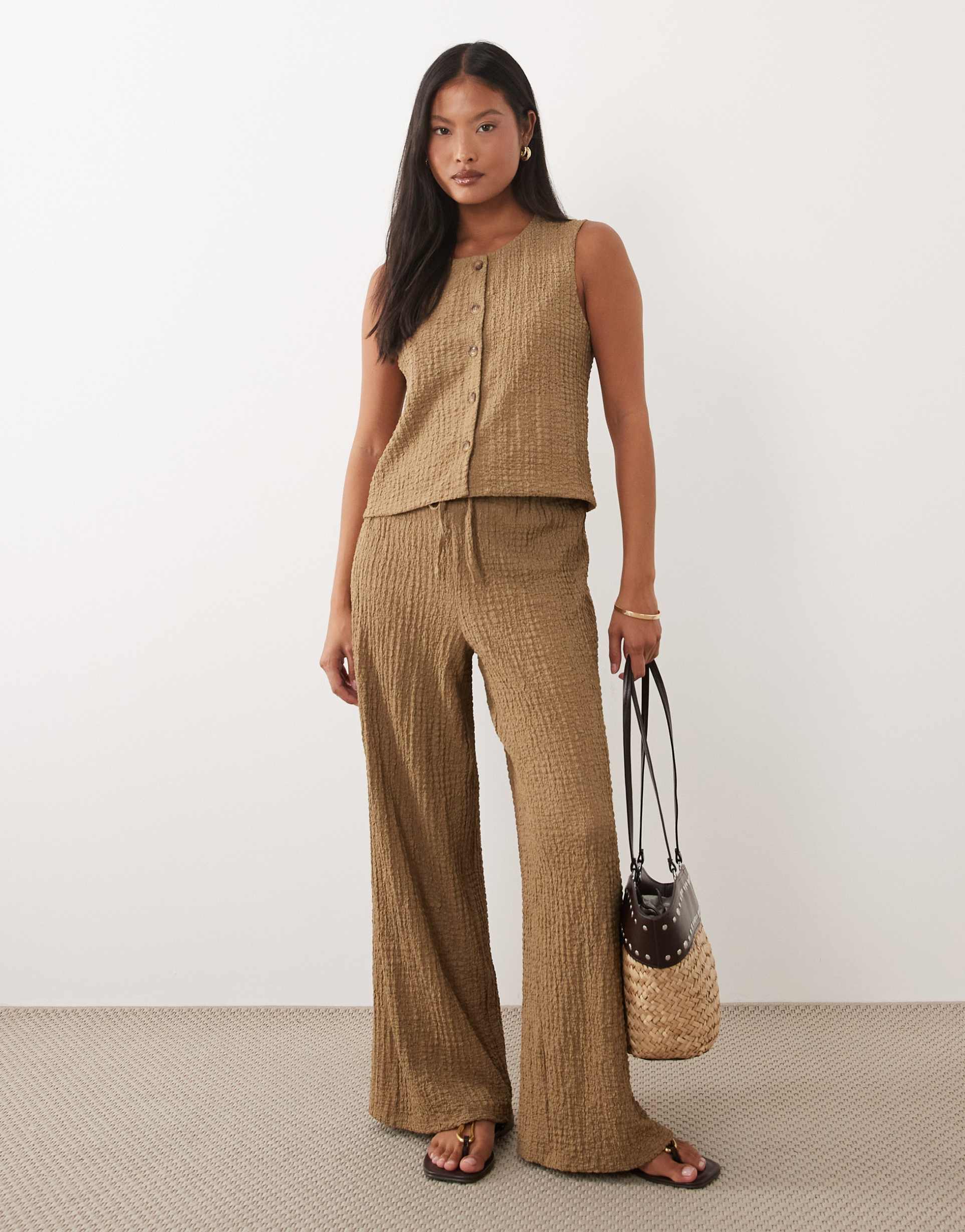 jdy petite textured tailored pants in brown - part of a set