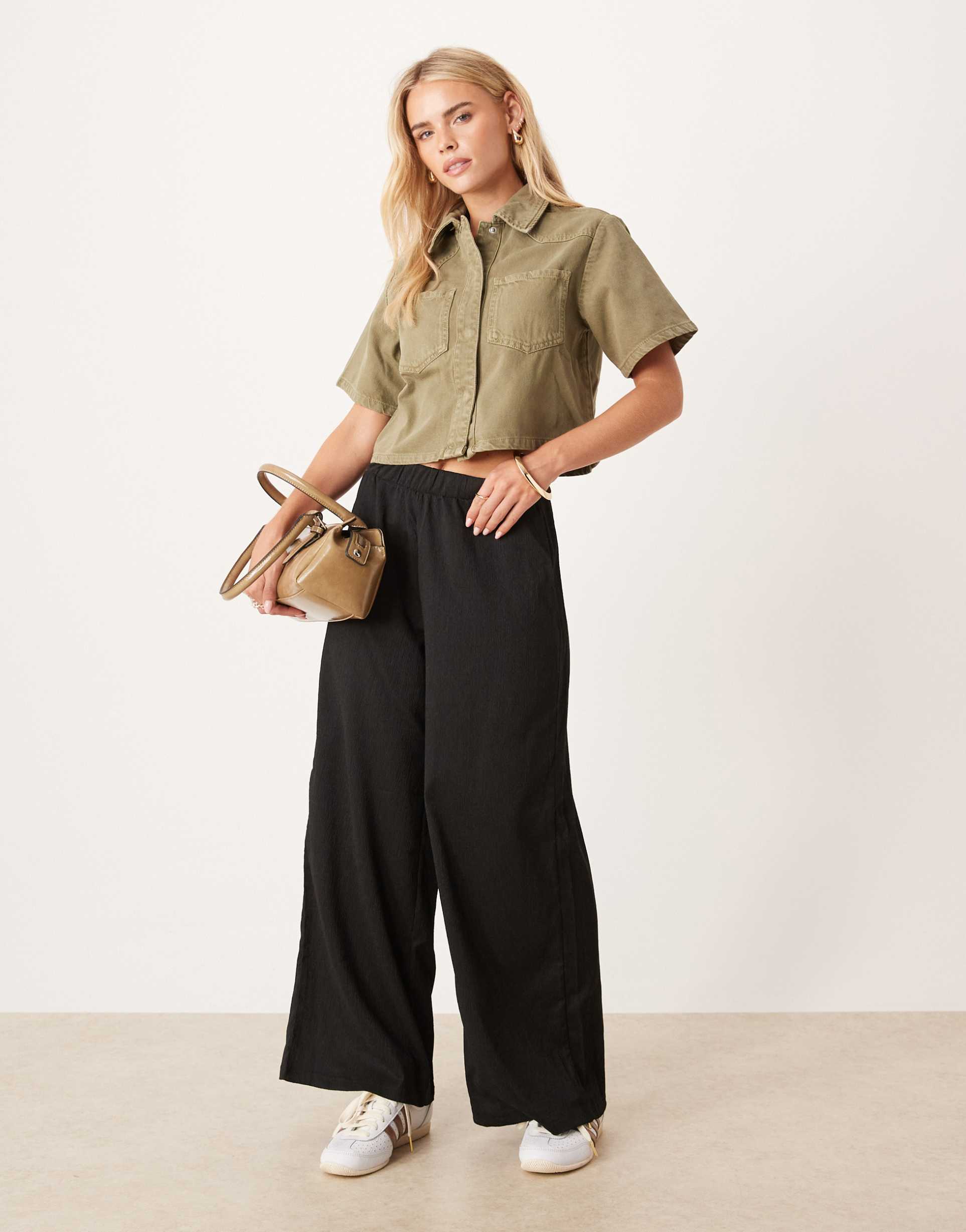 jdy petite textured wide leg pants in black