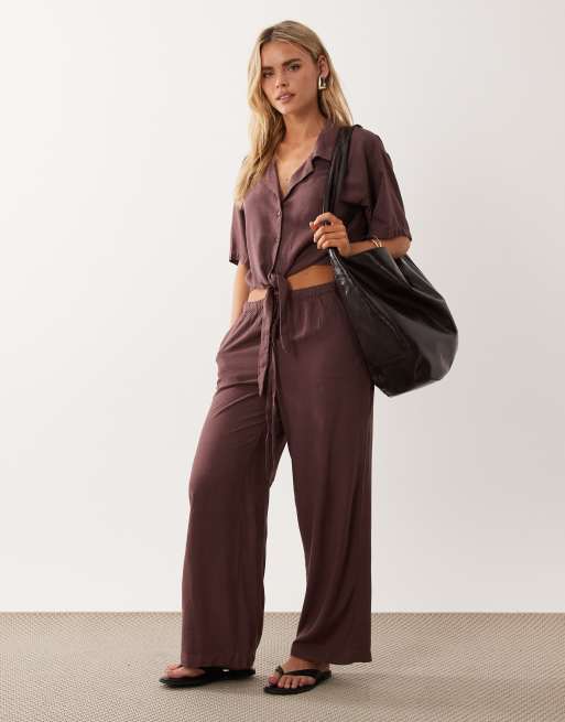 JDY Petite tie front linen mix shirt co-ord in burgundy, 2 of 4
