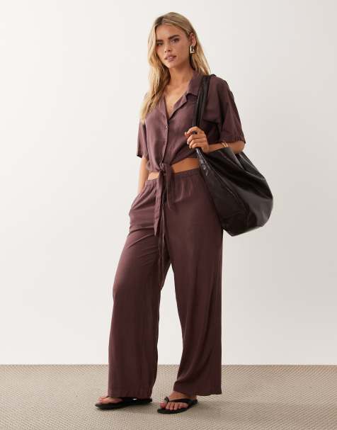 JDY Petite tie front linen mix shirt & straight leg linen mix pants set in burgundy - view 1