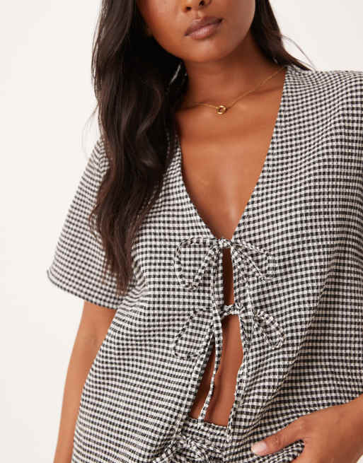 JDY Petite tie front seersucker top in black gingham (part of a set), 3 of 4