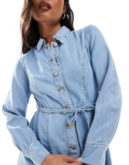 JDY Petite tie waist denim mini dress in light blue wash | ASOS