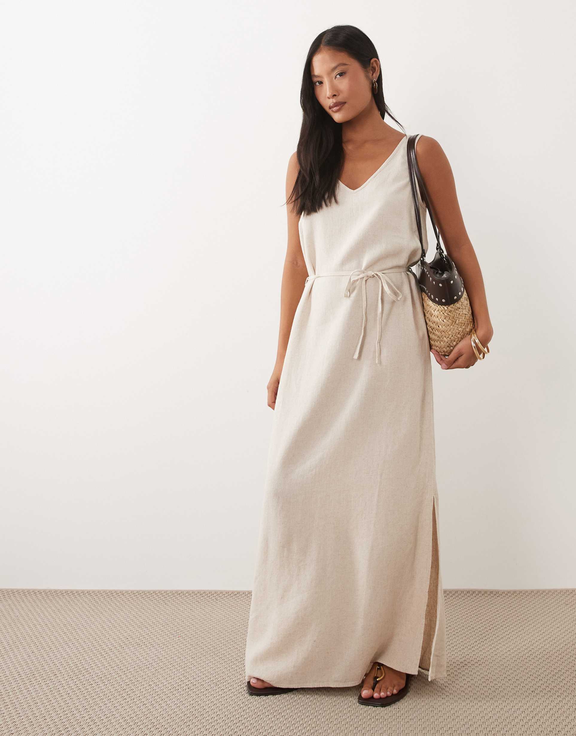 jdy petite tie waist linen blend maxi dress in oatmeal