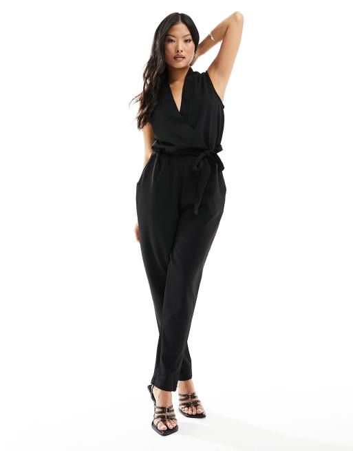 JDY Petite v neck belted jumpsuit in black, 2 of 4