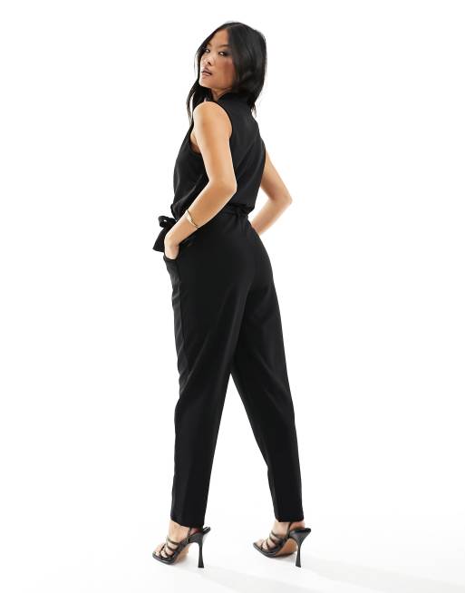 JDY Petite v neck belted jumpsuit in black