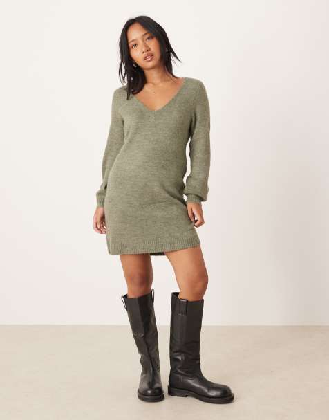 JDY Petite v-neck knitted mini dress in dark green - view 1