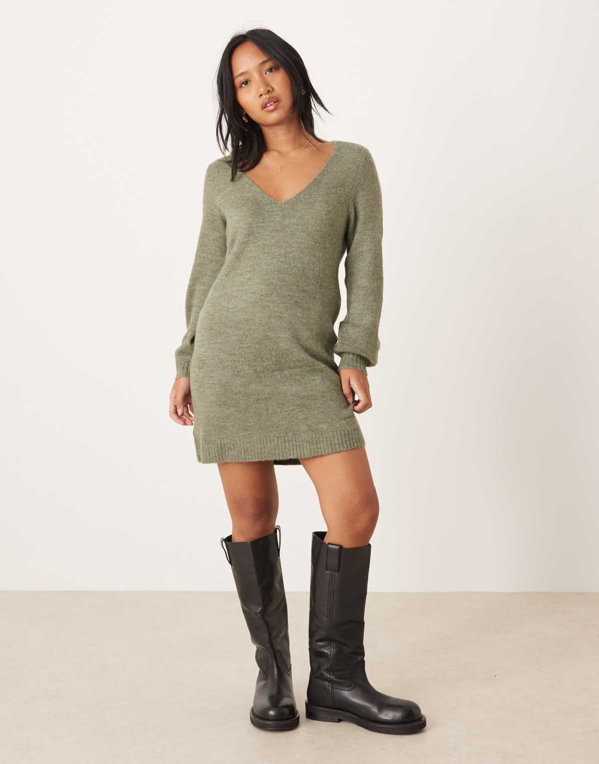 JDY Petite v-neck knitted mini dress in dark green