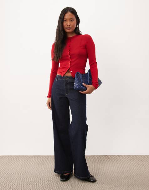 JDY Petite Vanessa jeans med medelhög midja och vida ben i mörkblått - view 1