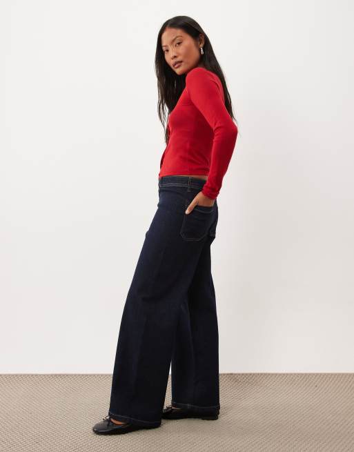 JDY Petite Vanessa jeans med medelhög midja och vida ben i mörkblått, 3 av 5