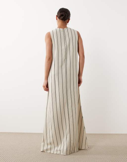 JDY Petite - Vestido largo blanco a rayas negras sin mangas de mezcla de lino, 4 de 4