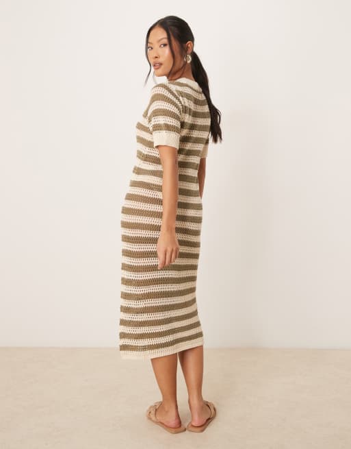 JDY Petite - Vestito midi beige a righe all'uncinetto, 4 di 4