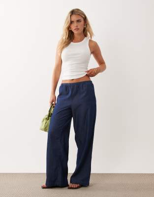 Jdy Petite Wide Leg Chambray Pants In Blue