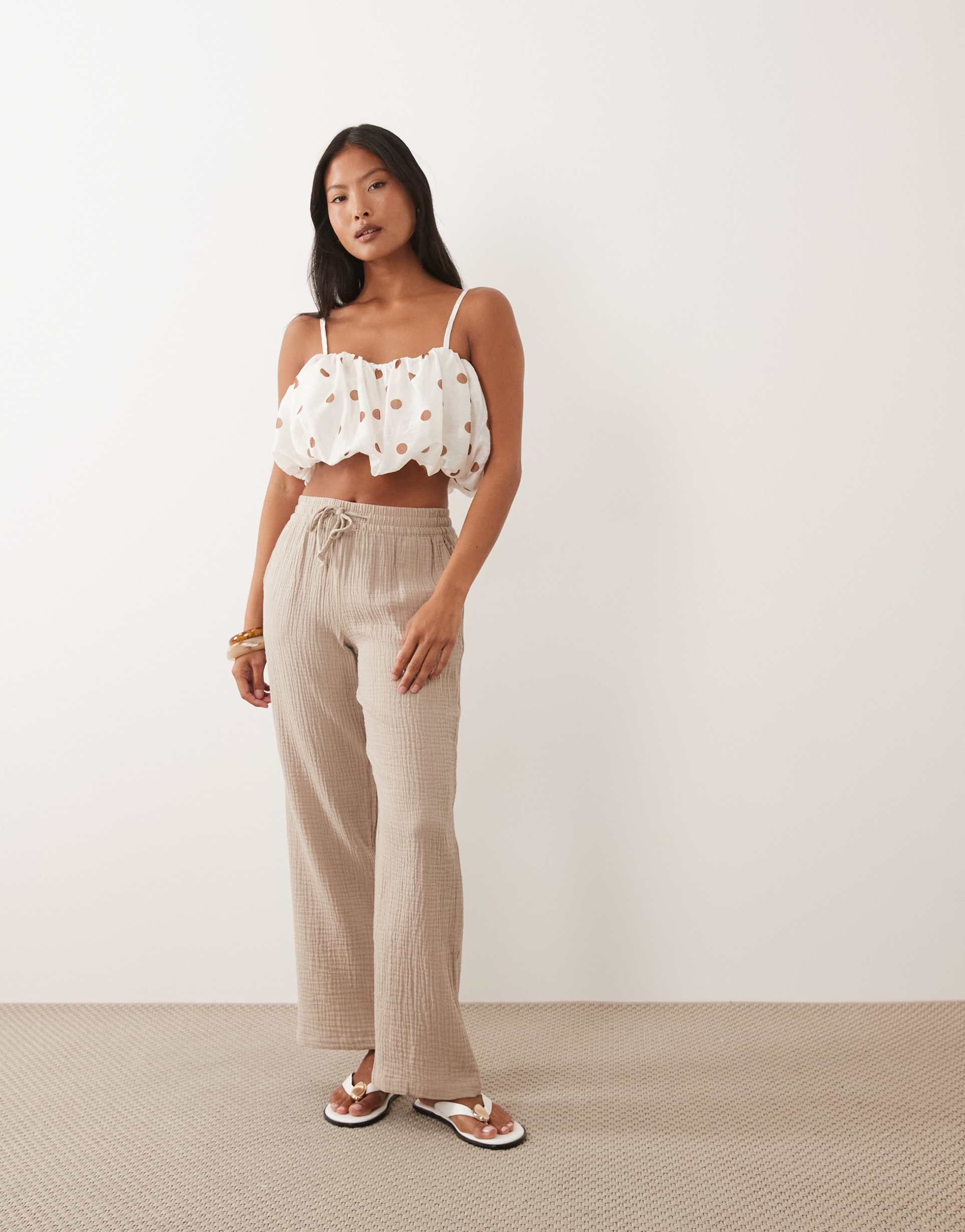 jdy petite wide leg cheesecloth pants in beige