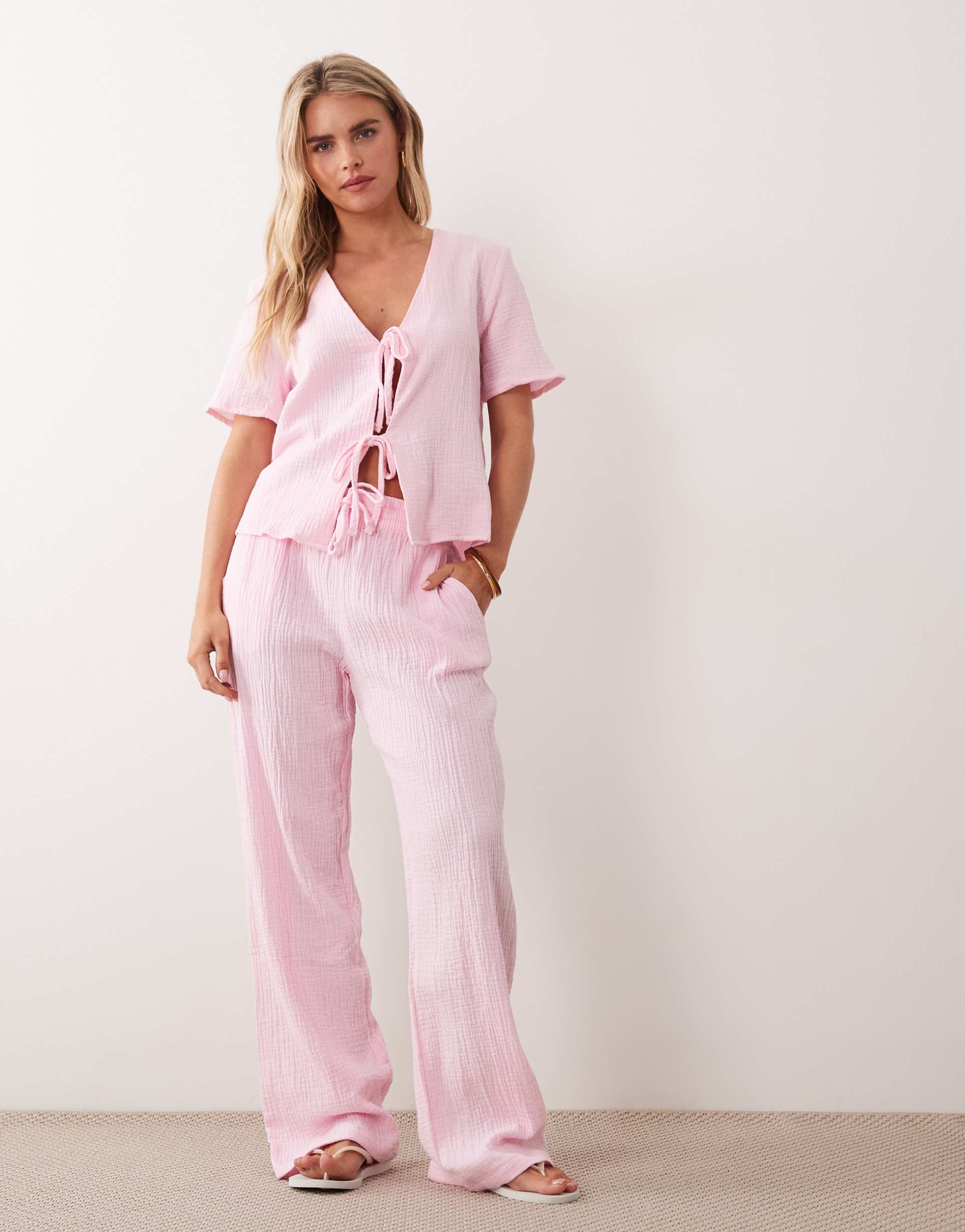 jdy petite wide leg cheesecloth pants in pink - part of a set
