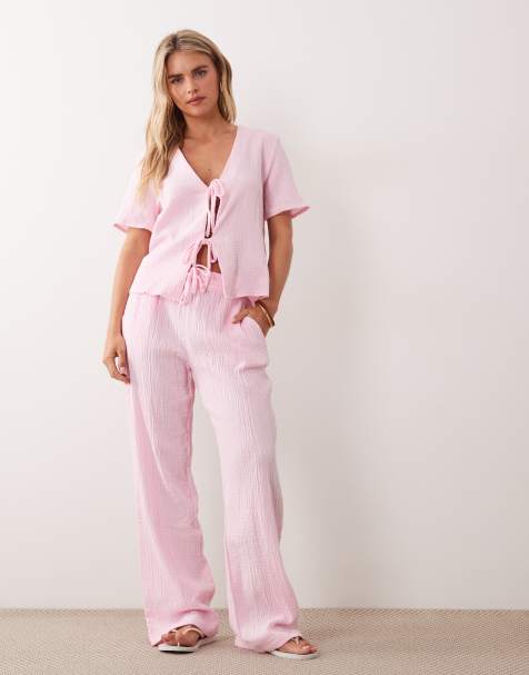 JDY Petite wide leg cheesecloth trousers co-ord in pink - view 1
