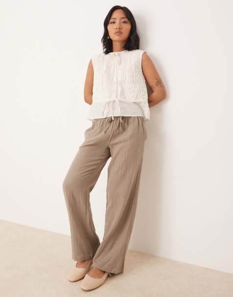 JDY Petite wide leg cheesecloth trousers in brown - view 1
