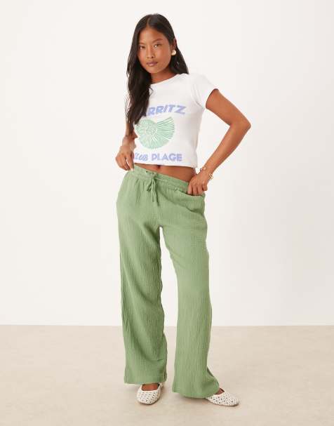 JDY Petite wide leg cheesecloth trousers in dark green - view 1