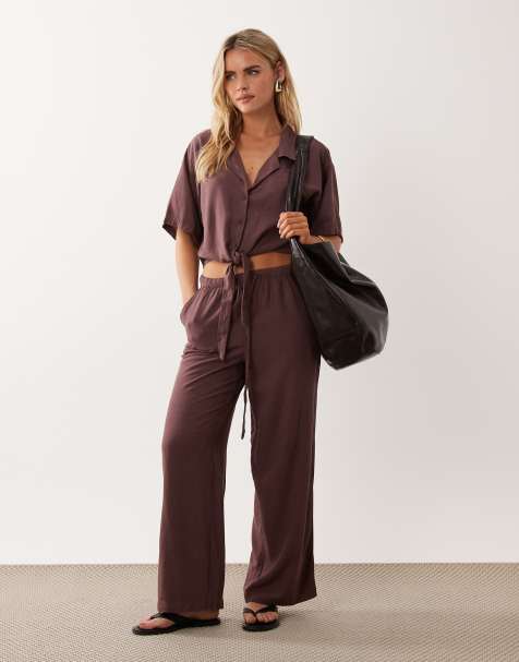 JDY Petite wide leg linen mix co-ord trouser in burgundy - view 1
