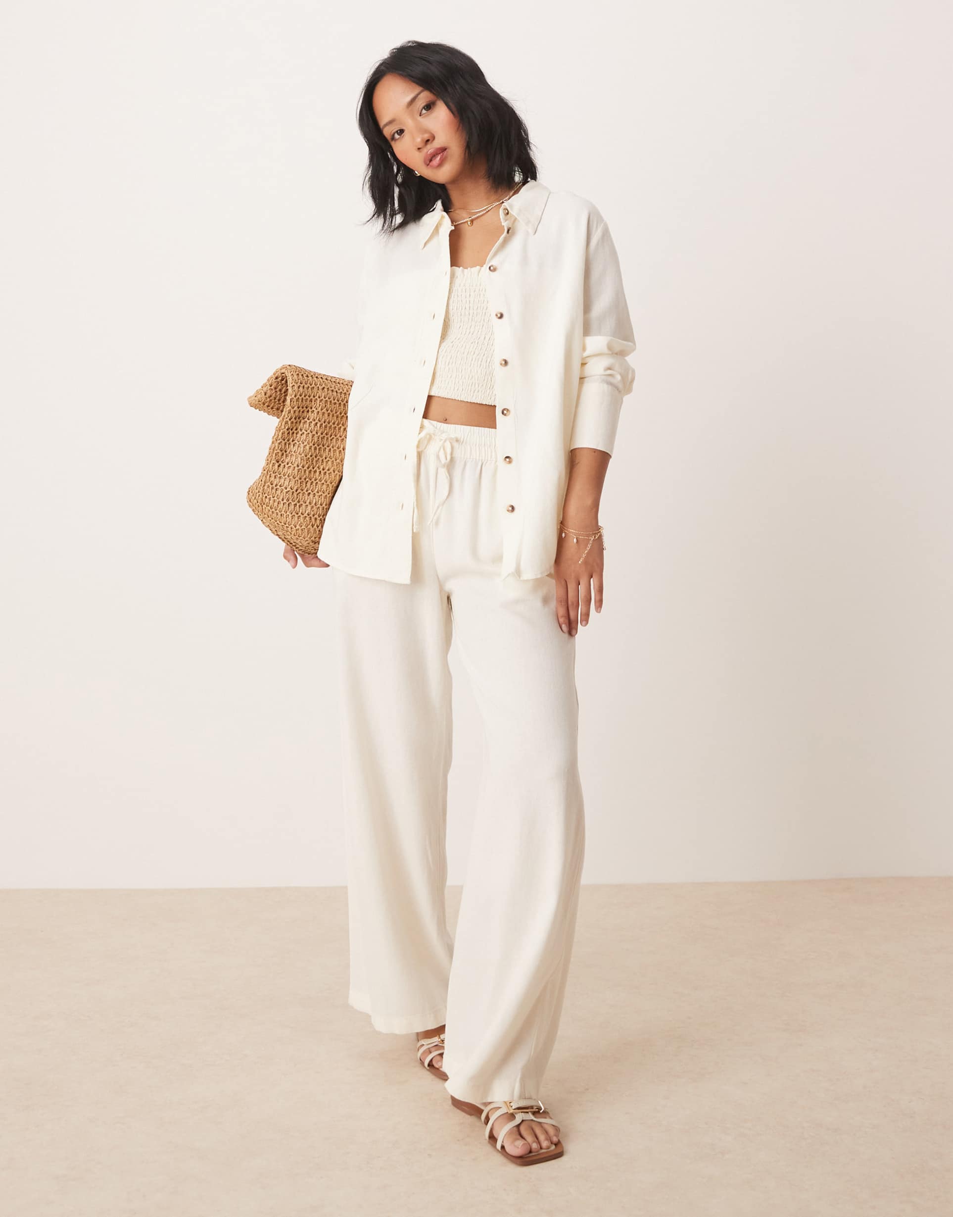 jdy petite wide leg linen pants in white - part of a set