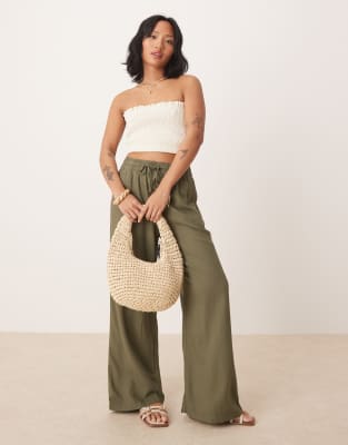 JDY Petite JDY Petite wide leg linen trouser in khaki-Green