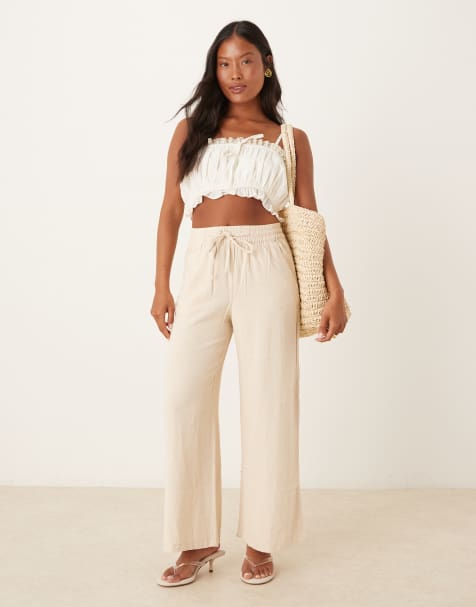 JDY Petite wide leg linen trouser in stone - view 1