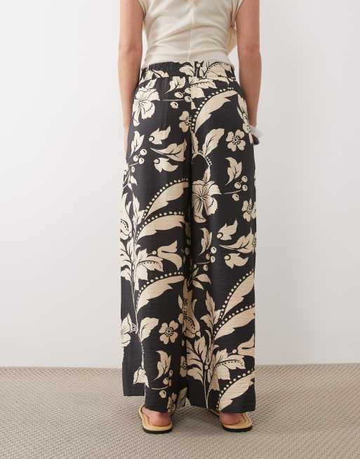 JDY Petite wide leg pant in black with cream floral print, 2 of 5