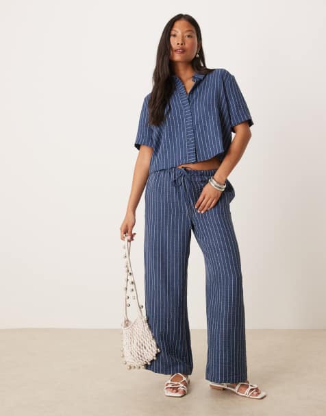 JDY Petite wide leg pants in dark blue stripes - part of a set - view 1