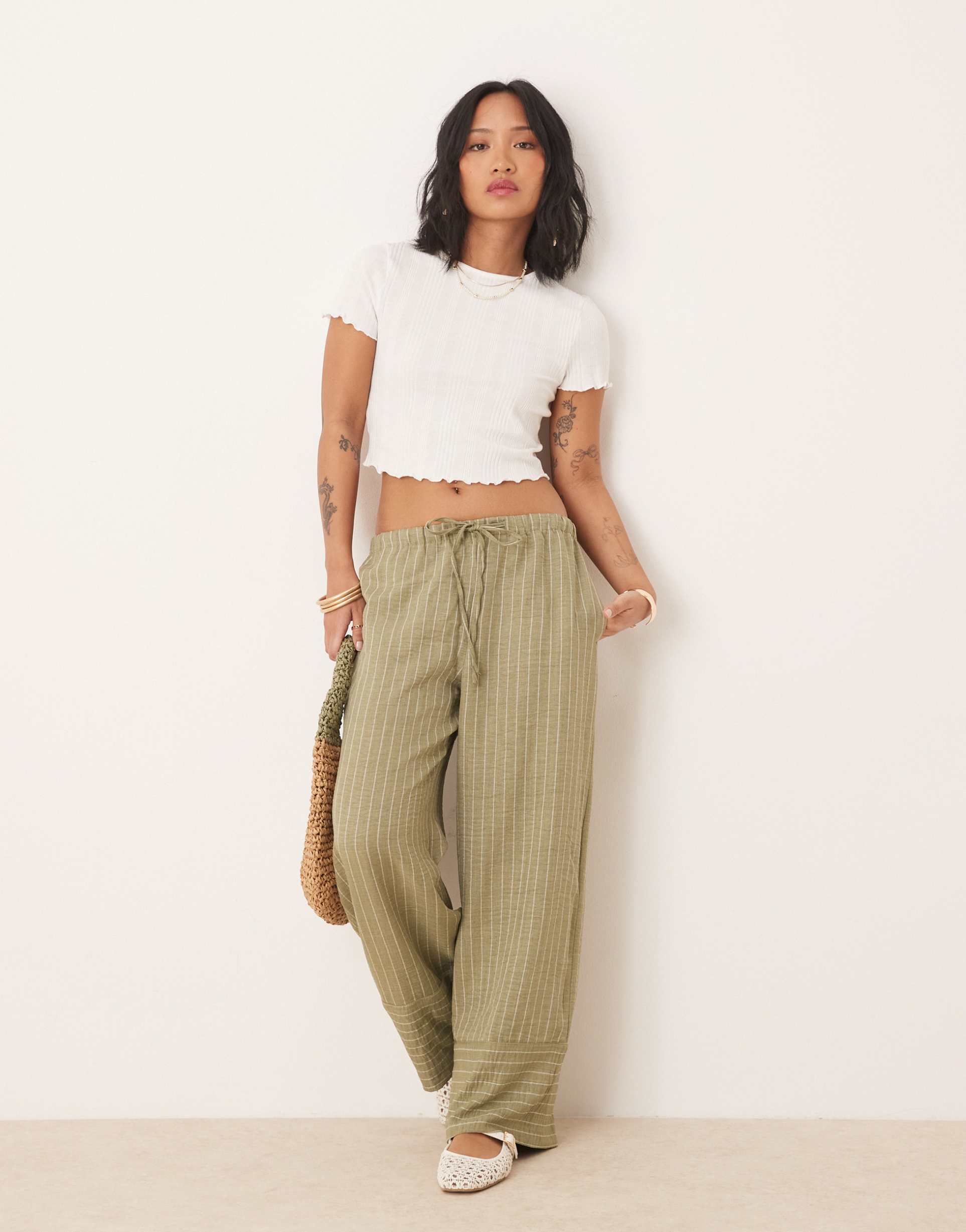jdy petite wide leg pants in green stripe