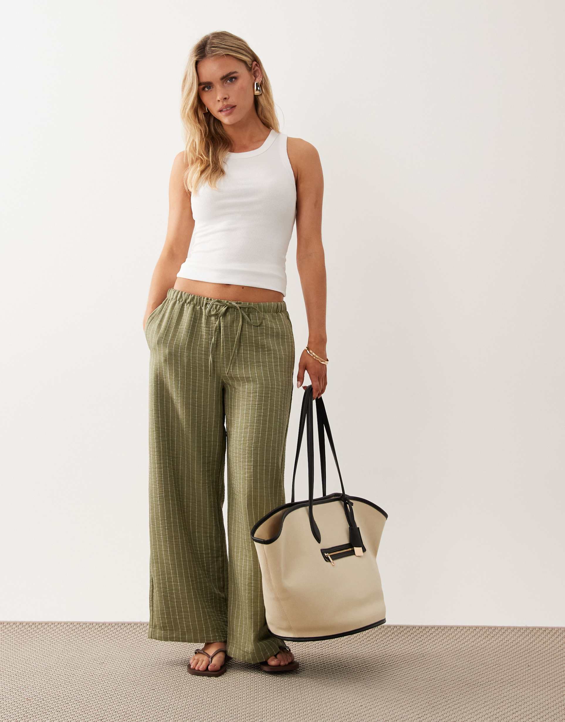 jdy petite wide leg pants in green stripe