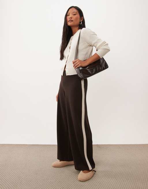 JDY Petite wide leg pants with side stripe in brown, 2 of 5