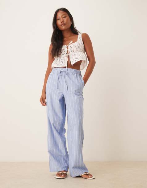 JDY Petite wide leg pull on trousers in light blue stripe - view 1