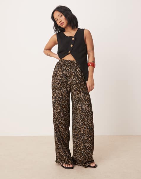 JDY Petite wide leg textured trousers in leopard print - view 1