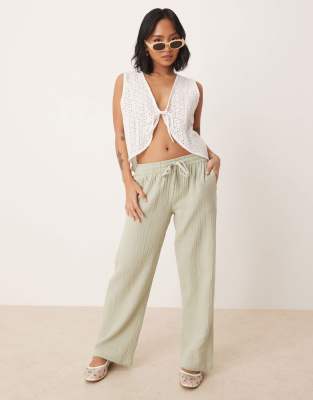 JDY Petite JDY Petite wide leg textured trousers in sage-Green