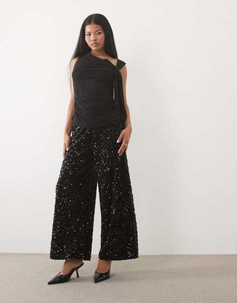 JDY Petite wide leg trousers in black sequins - view 1