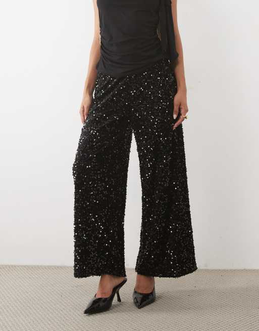 JDY Petite wide leg trousers in black sequins, 2 of 5