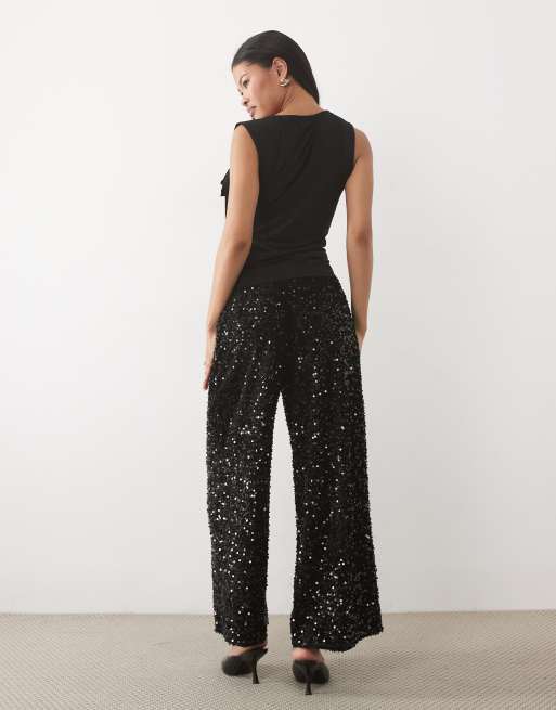 JDY Petite wide leg trousers in black sequins, 5 of 5